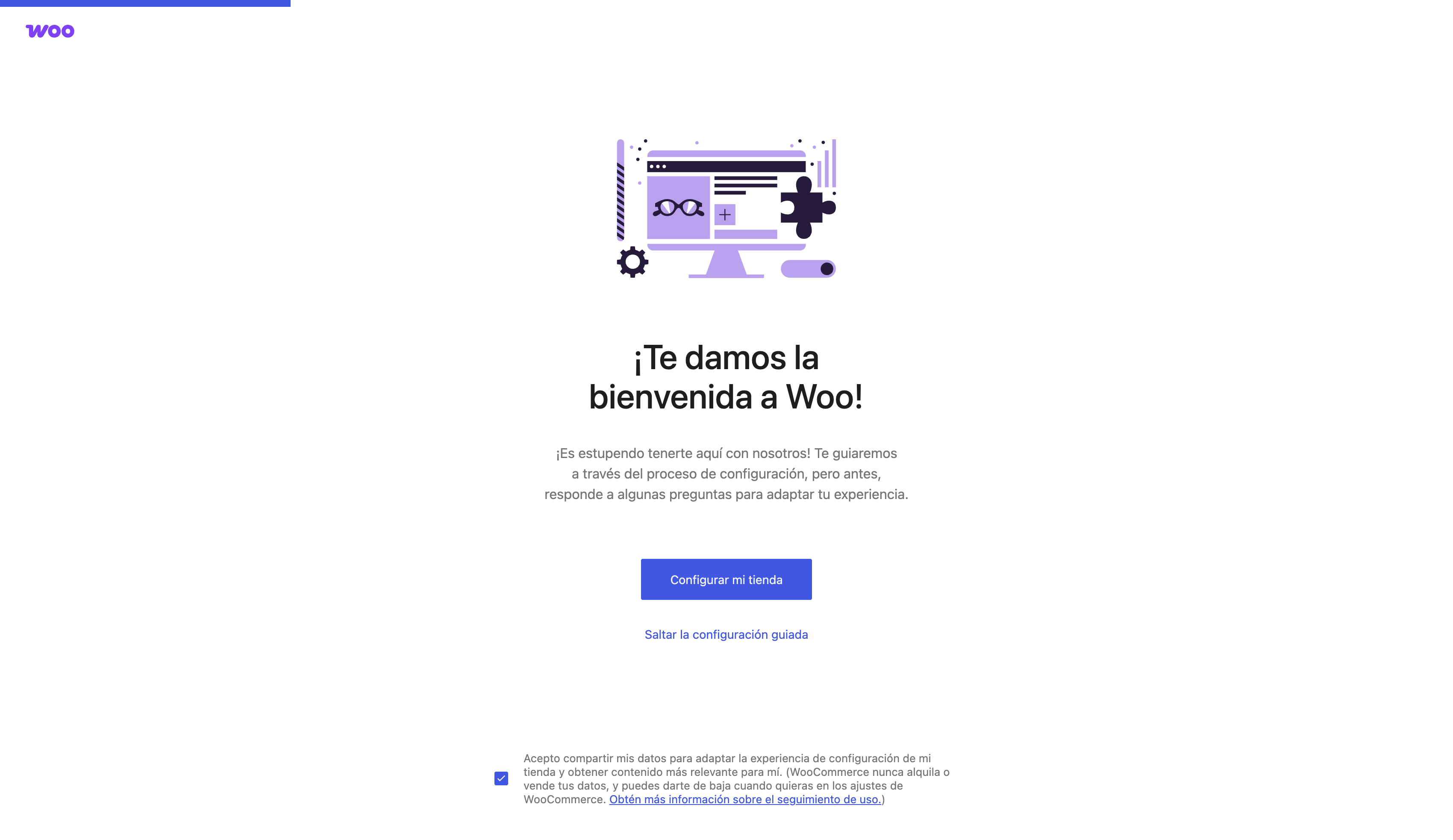 Pantalla de bienvenida del asistente de WooCommerce con el botón Configurar mi tienda