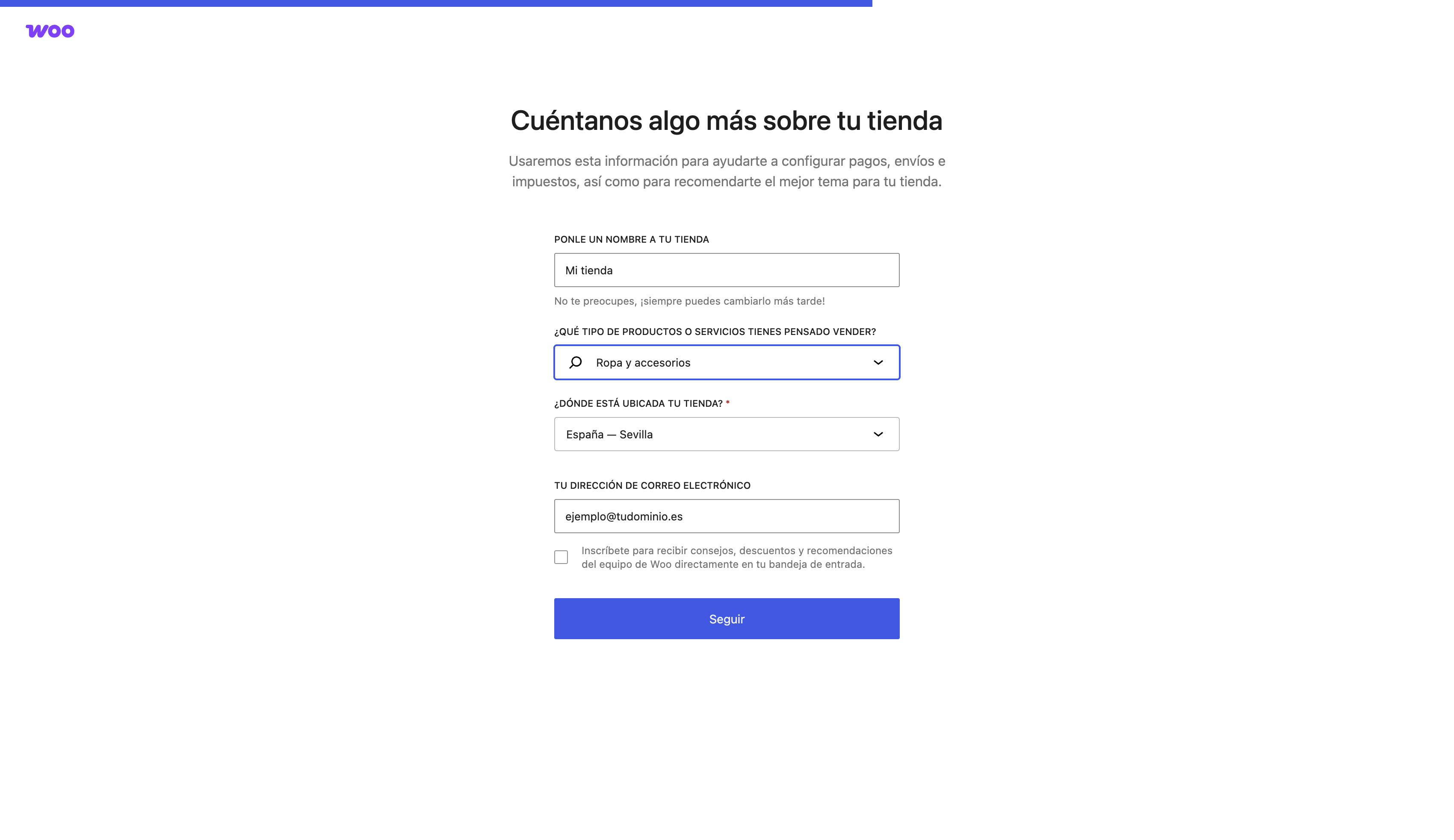 Paso del asistente con el nombre de la tienda, el sector, la ubicación España y la dirección de correo