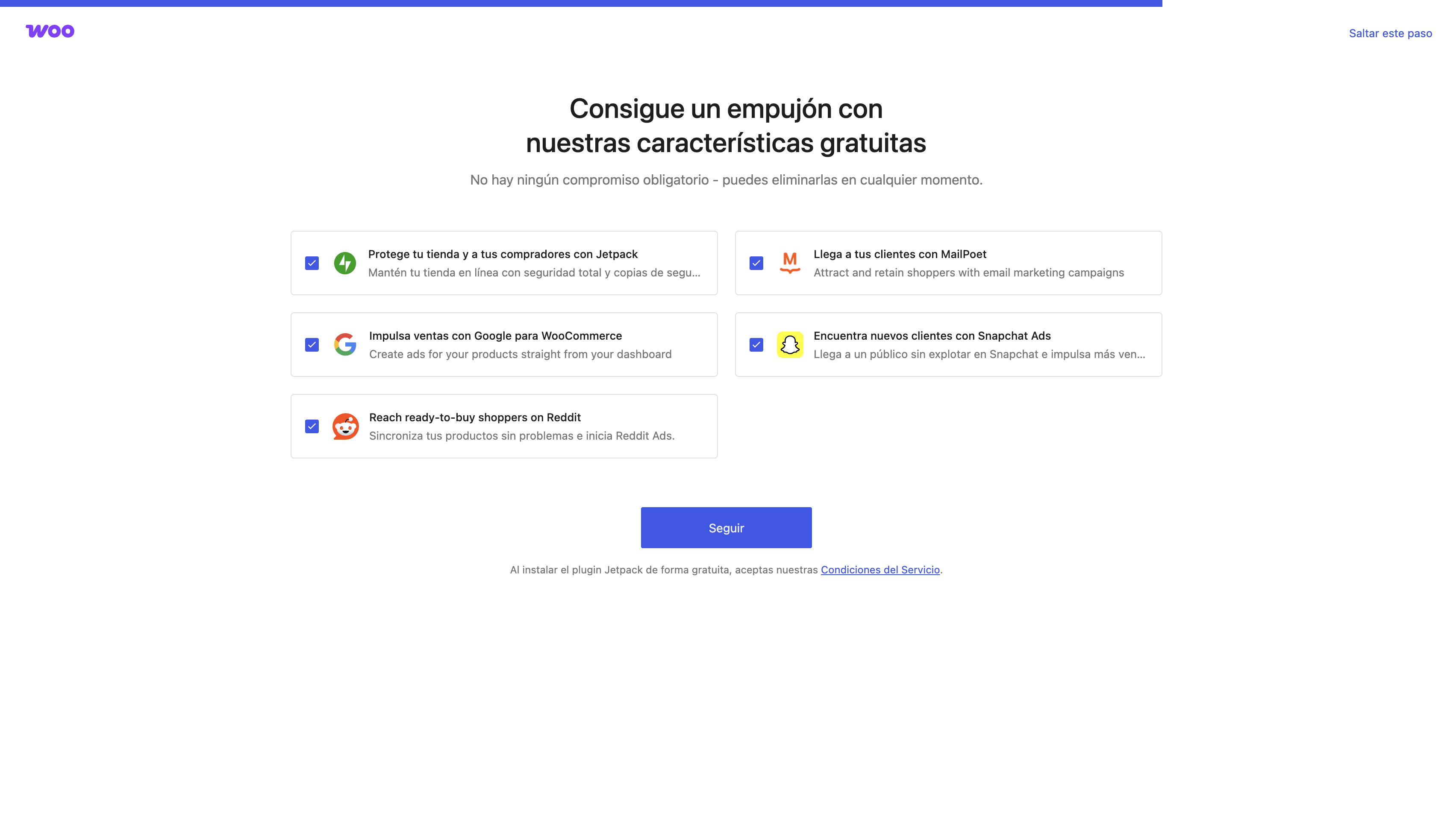 Pantalla de extensiones opcionales del asistente, con el enlace Saltar este paso arriba a la derecha