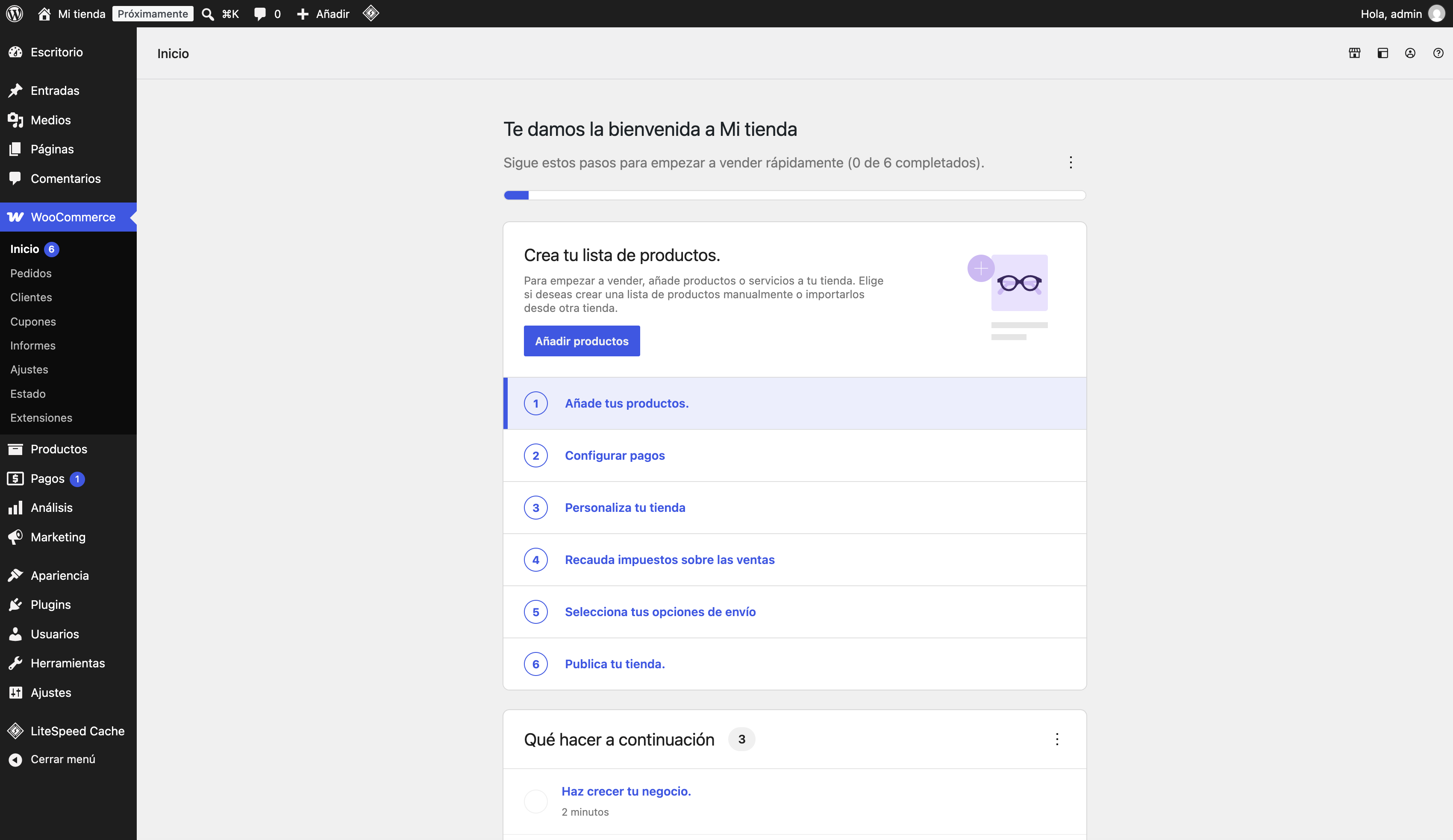Página de inicio de WooCommerce con la lista de pasos para empezar a vender