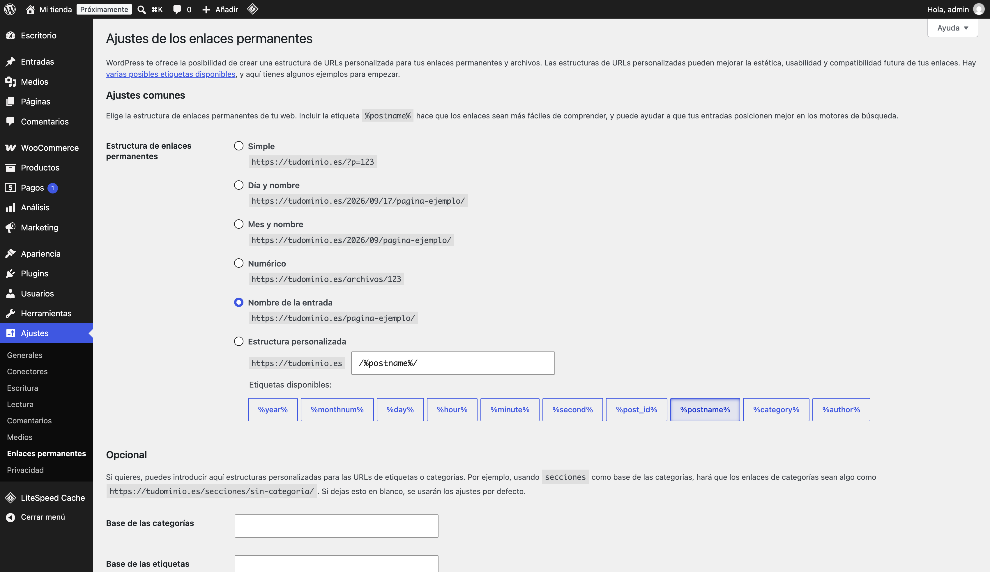 Ajustes de los enlaces permanentes de WordPress con la opción Nombre de la entrada marcada