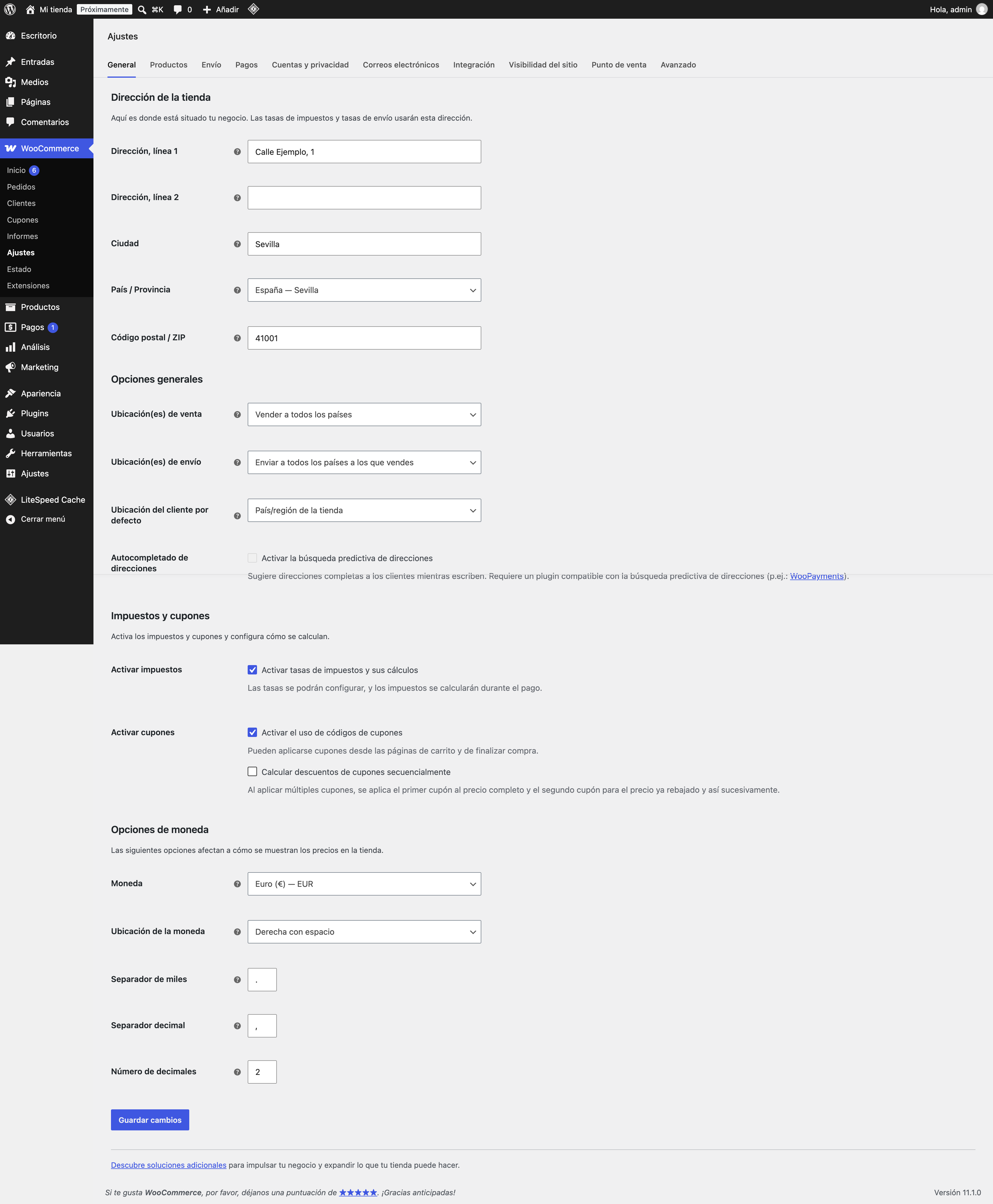 Pestaña General de los ajustes de WooCommerce con la dirección de la tienda, los impuestos activados y la moneda en euros