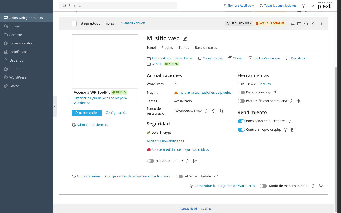 Tarjeta de la web de pruebas en WP Toolkit tras la copia, con el punto de restauración de hoy
