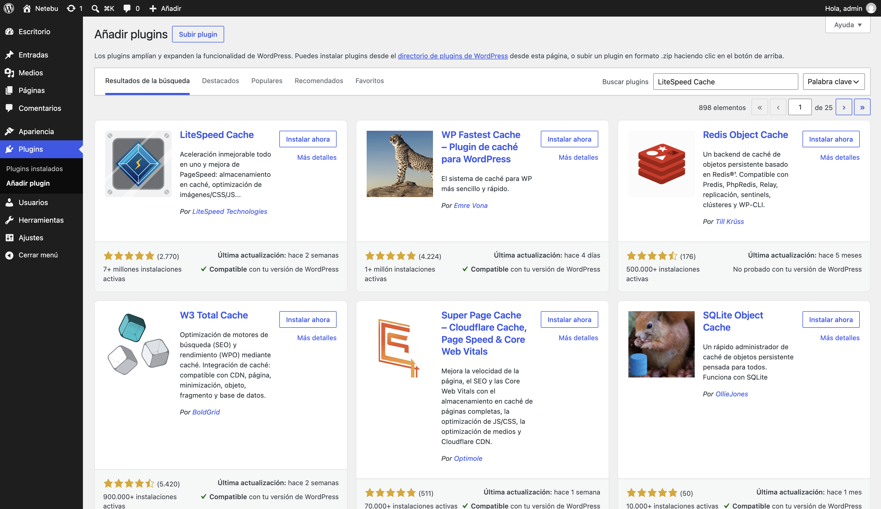 Pantalla Añadir plugins de WordPress con la búsqueda LiteSpeed Cache y la tarjeta del plugin con el botón Instalar ahora