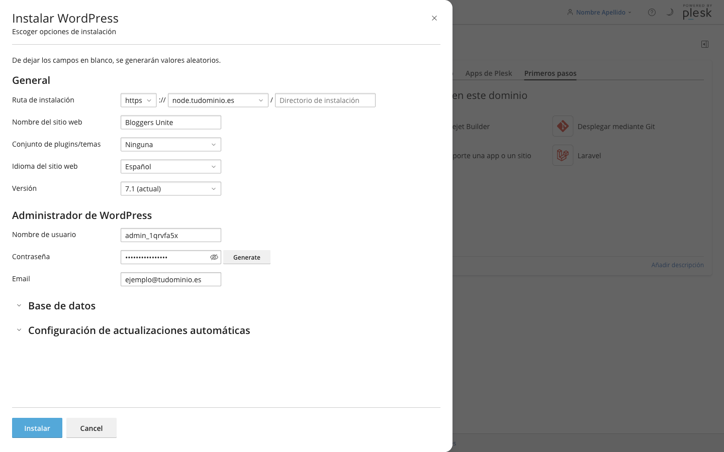 Formulario de instalación de WordPress con los campos de ruta, nombre del sitio, idioma, versión y administrador
