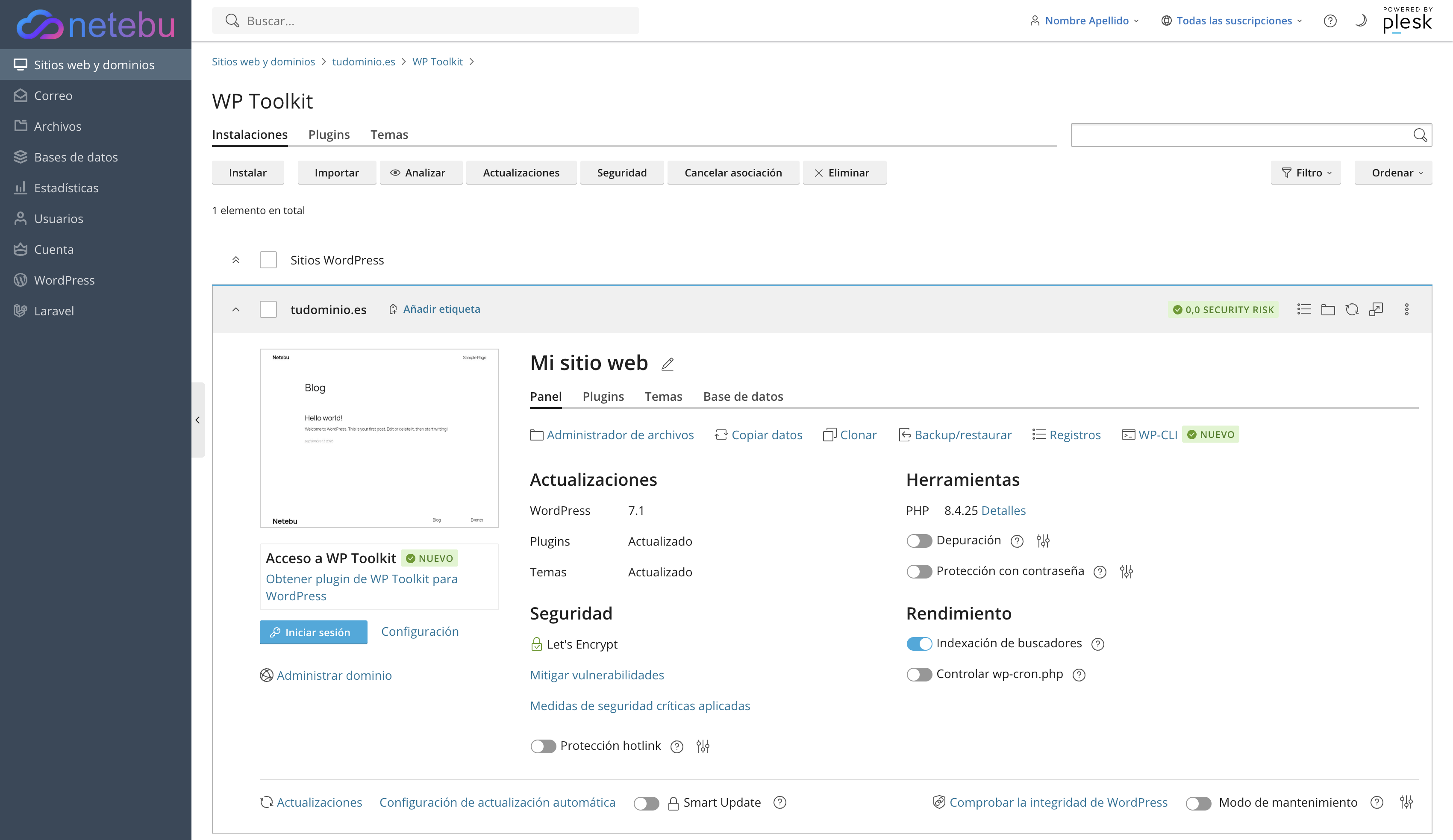 Panel de una instalación de WordPress en WP Toolkit con las secciones Actualizaciones, Herramientas, Rendimiento y Seguridad