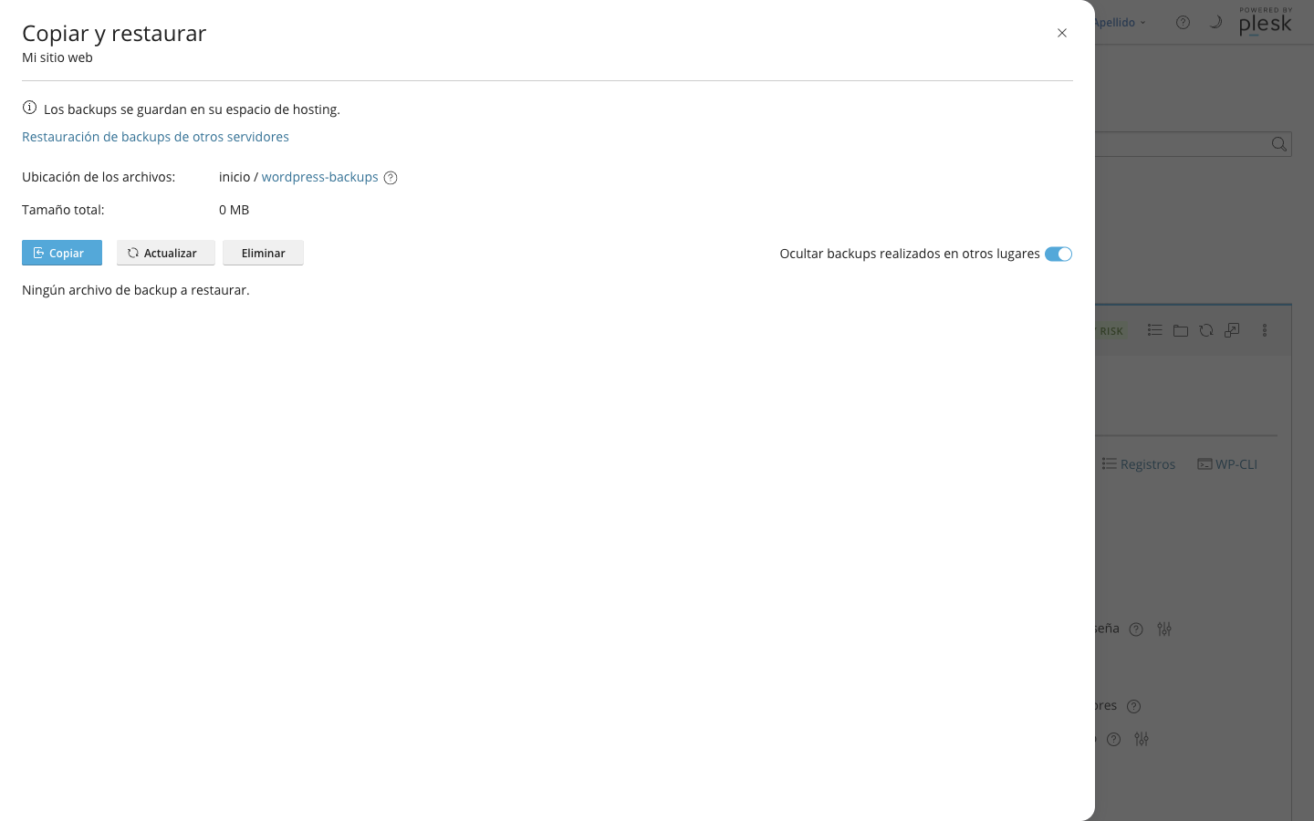 Cuadro Copiar y restaurar de WP Toolkit, con la ubicación de los backups en la carpeta wordpress-backups del propio hosting y el botón para crear una copia