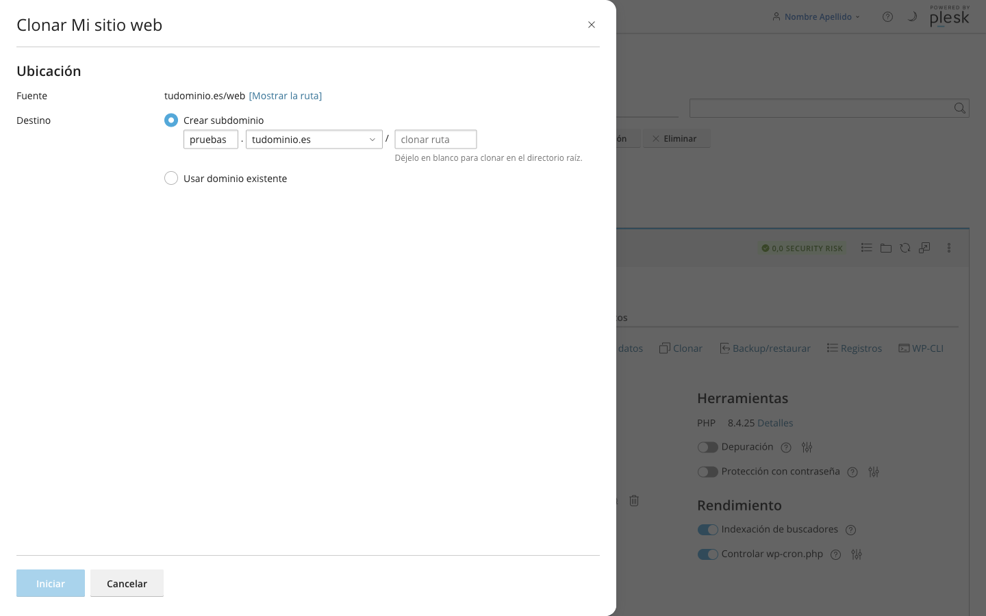 Diálogo para clonar un WordPress a un subdominio nuevo o a un dominio existente