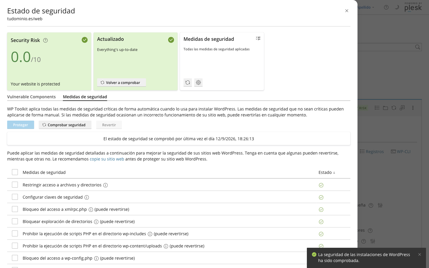 Pestaña Medidas de seguridad de WP Toolkit con la lista de medidas y cuáles pueden revertirse