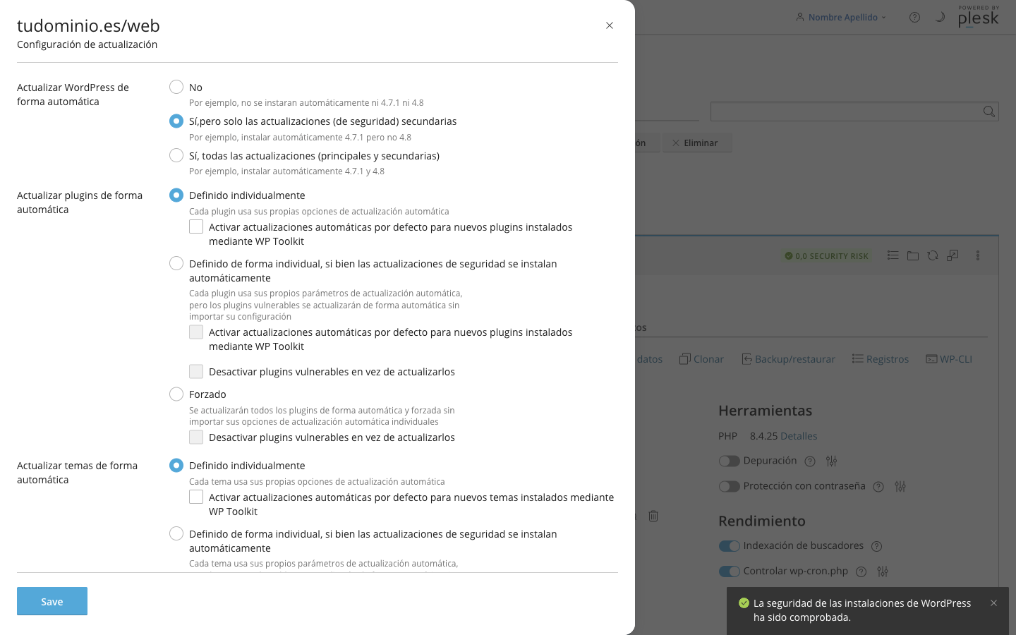 Diálogo de configuración de actualización automática de WordPress, plugins y temas