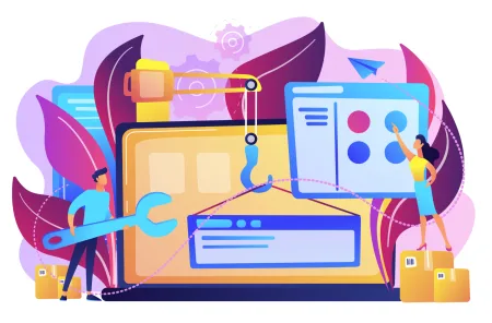 Ilustración de dos personas montando y configurando un sitio web