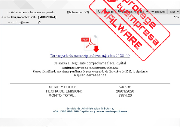 Correo malicioso suplantando a la Agencia Tributaria con intención de distribuir malware