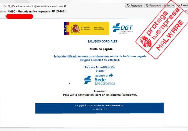 Correo malicioso suplantando a la DGT cuyo objetivo es distribuir malware