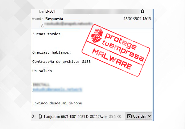 Correo con malware adjunto en un archivo .zip con contraseña