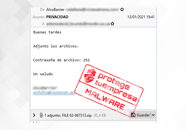 Segundo correo con malware adjunto en un archivo .zip con contraseña