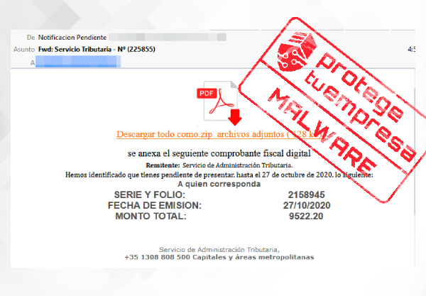 Aviso 27/10/2020 - Correo electrónico malware Agencia Tributaria