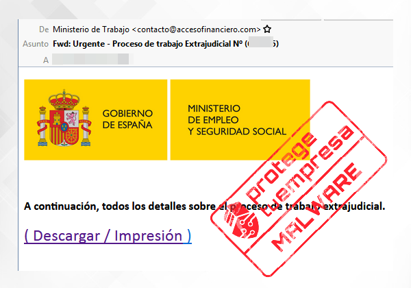 Aviso 27/10/2020 - Correo electrónico malware Ministerio Trabajo
