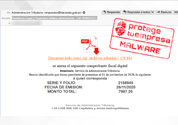 Correo malicioso suplantando a la Agencia Tributaria con intención de distribuir malware