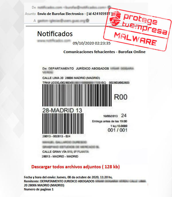 Correo malicioso simulando un falso burofax