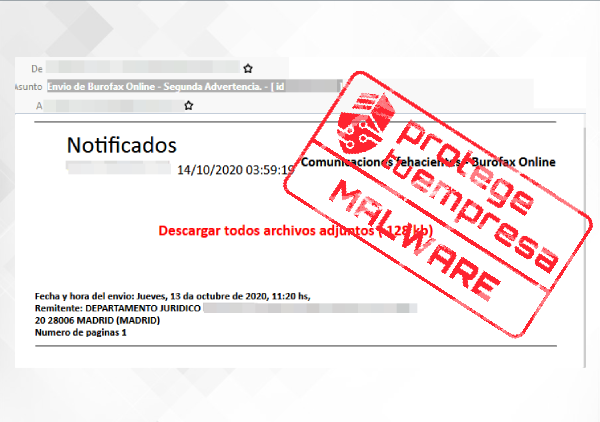 Correo malicioso simulando un falso burofax