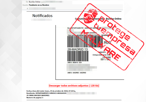 Correo malicioso simulando un falso burofax asunto Pendiente en su nombre - 20/10/2020