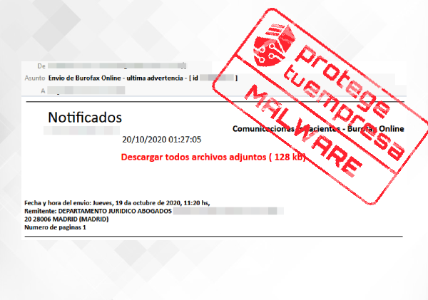 Correo malicioso simulando un falso burofax asunto Envio de Burofax Online Ultima Advertencia- 20/10/2020