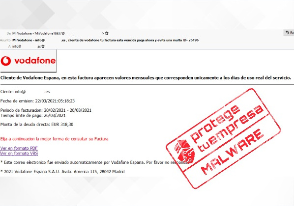 Correo malicioso suplantando a Vodafone cuyo objetivo es distribuir malware