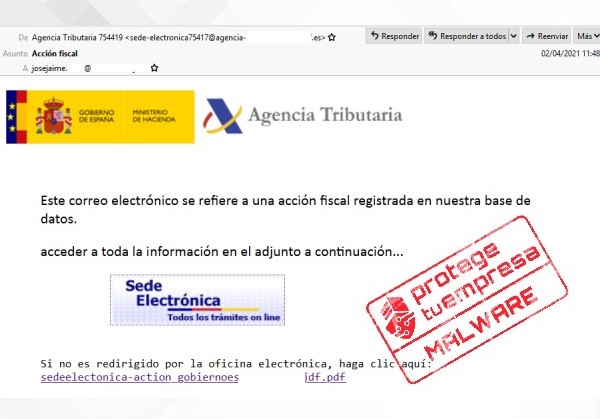 Correo malicioso suplantando a la Agencia Tributaria con intención de distribuir malware