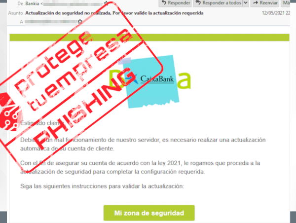 Correo fraudulento de phishing suplantando a Bankia