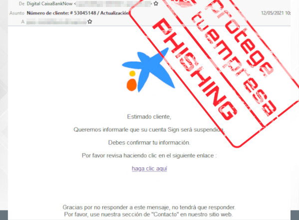 Correo fraudulento de phishing suplantando a Caixabank