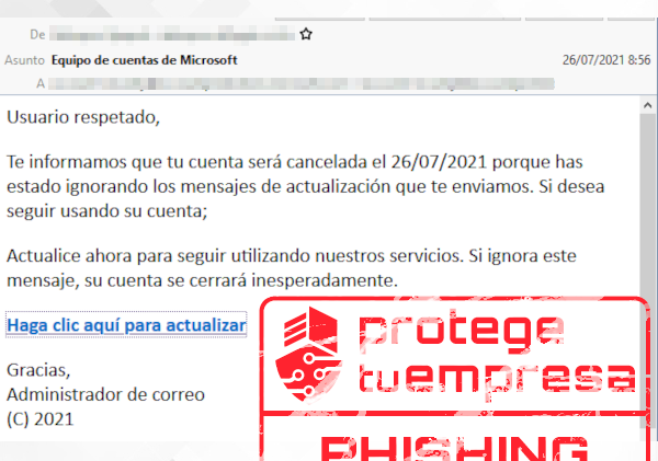 Correo de phishing suplantando a Microsoft
